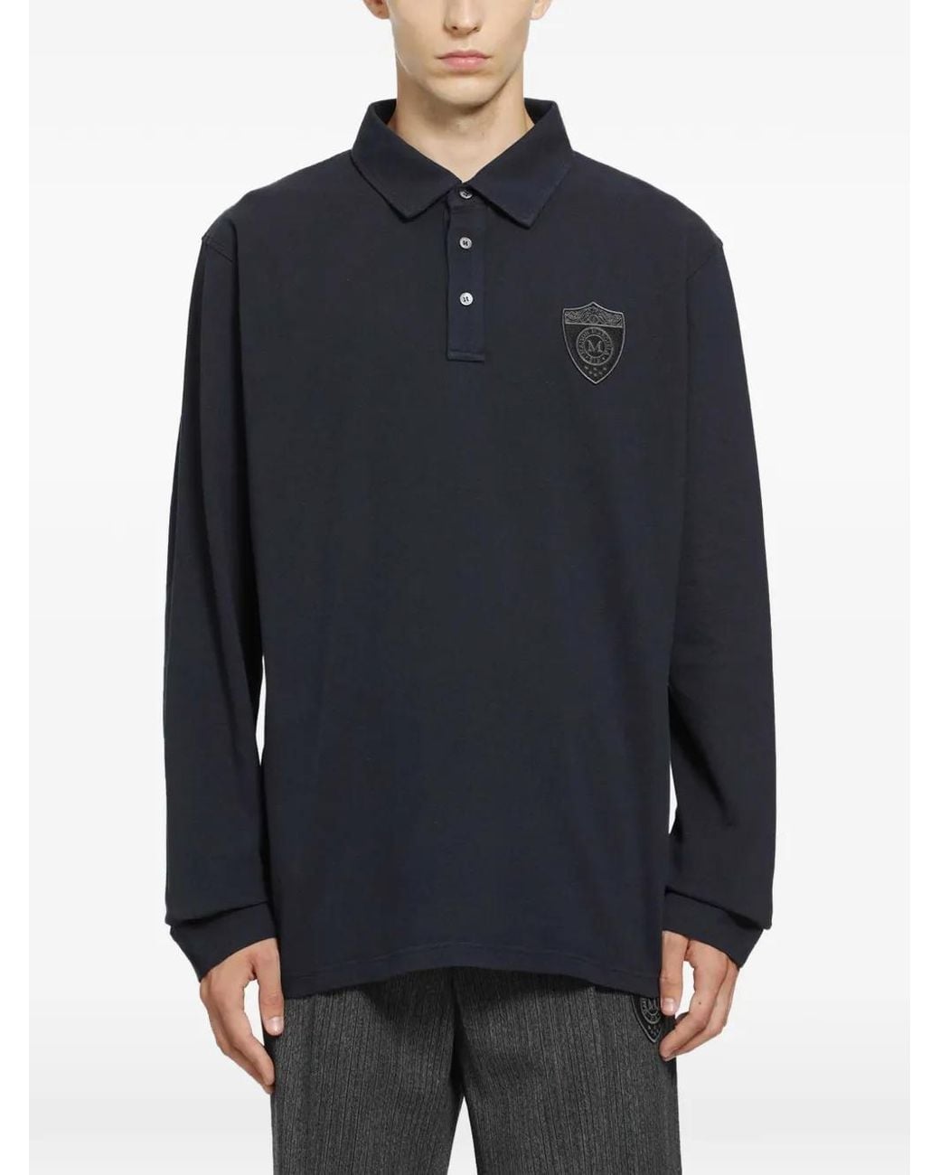 MM6 by Maison Margiela Blue Logo-Patch Long-Sleeve Polo Shirt for men