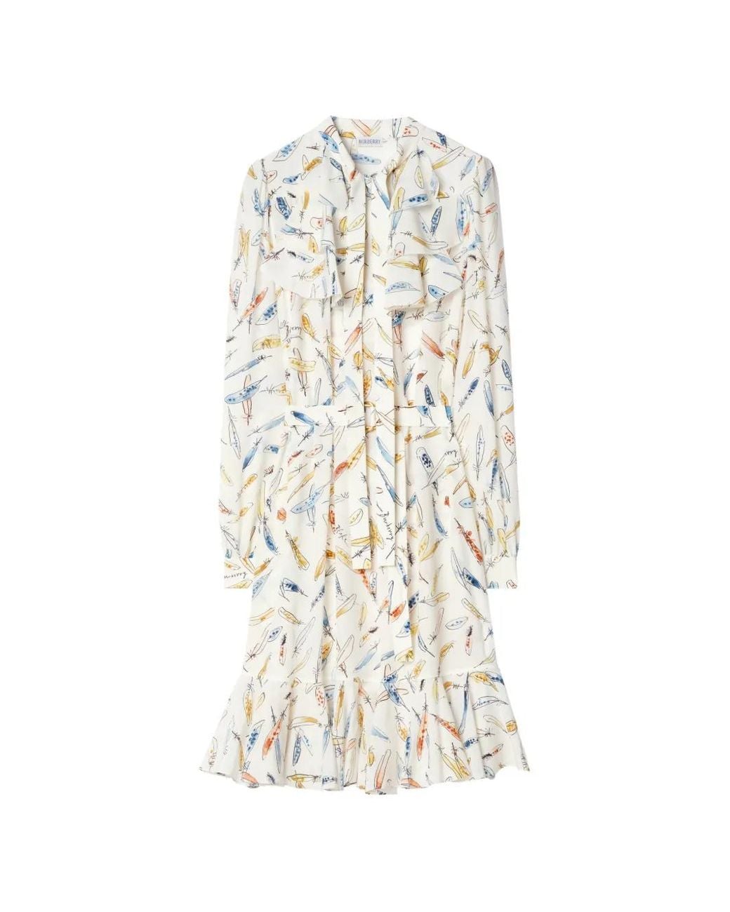Burberry White Ruffled Feather-Print Silk Dress