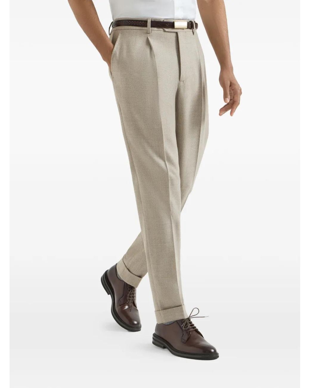 Brunello Cucinelli Natural Pantalon En Sergé De Laine Vierge Moulinée À Pli for men