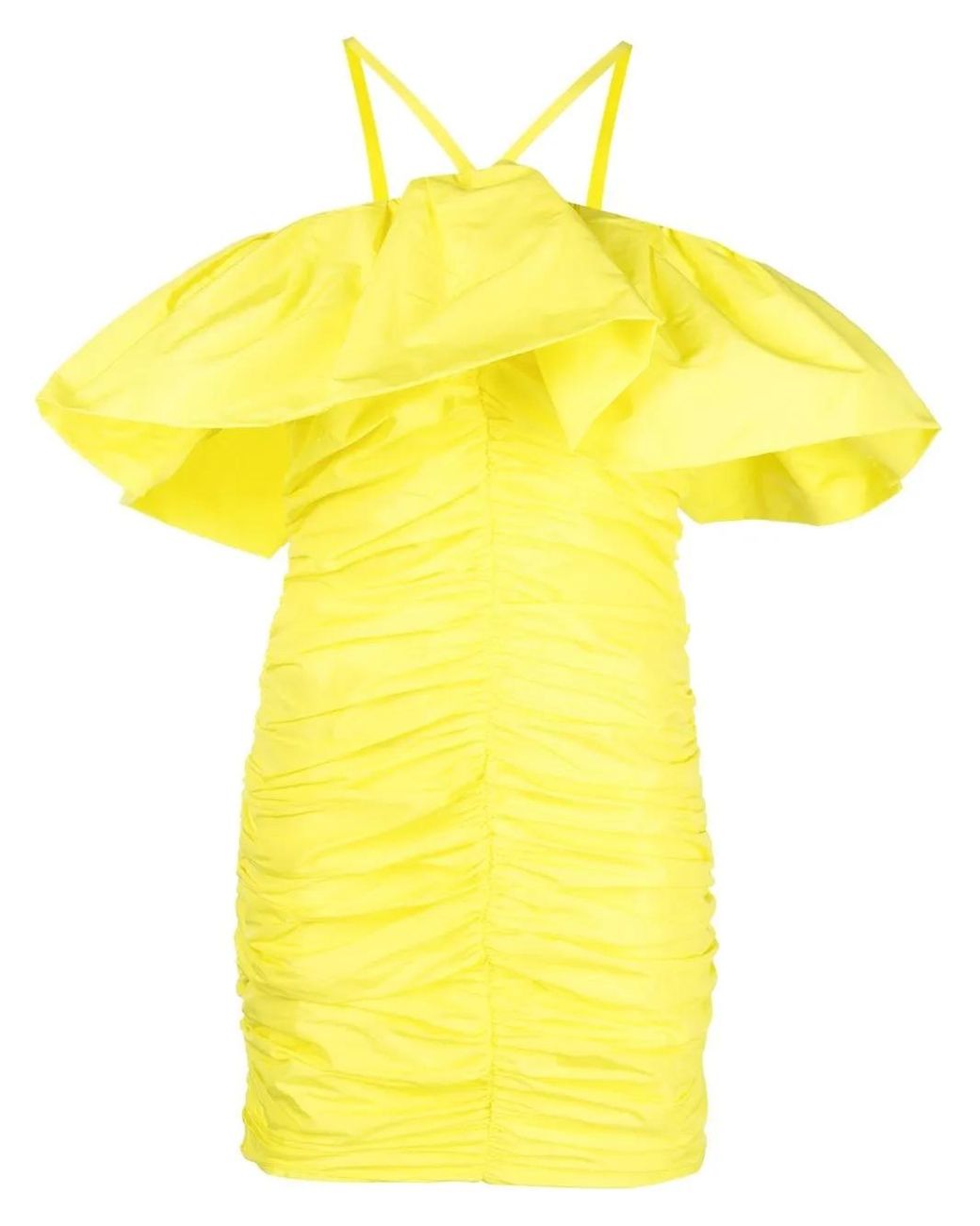 MSGM Yellow Ruched Ruffle-Trim Mini Dress