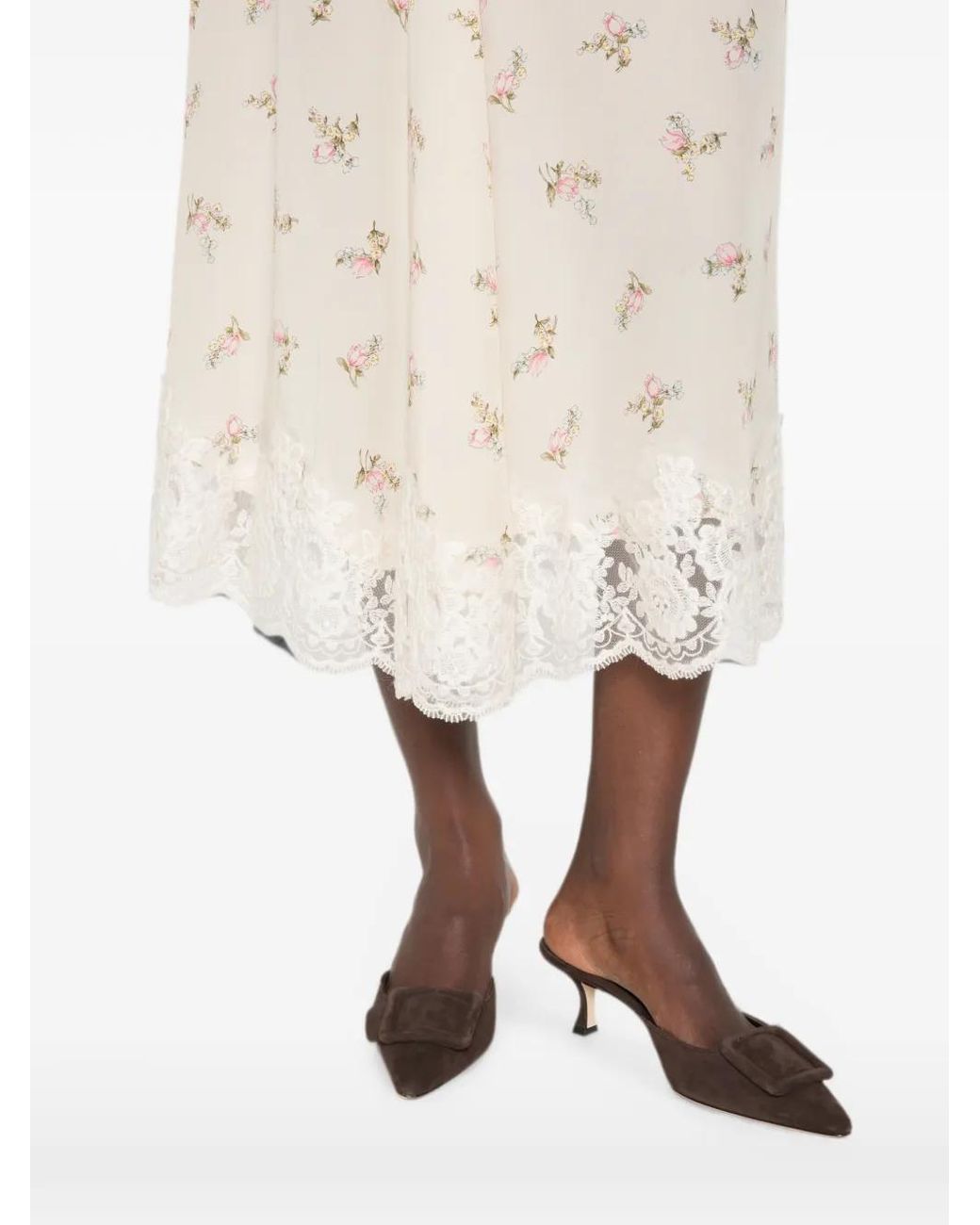 P.A.R.O.S.H. Natural Spano Floral-Print Lace-Trim Midi Skirt