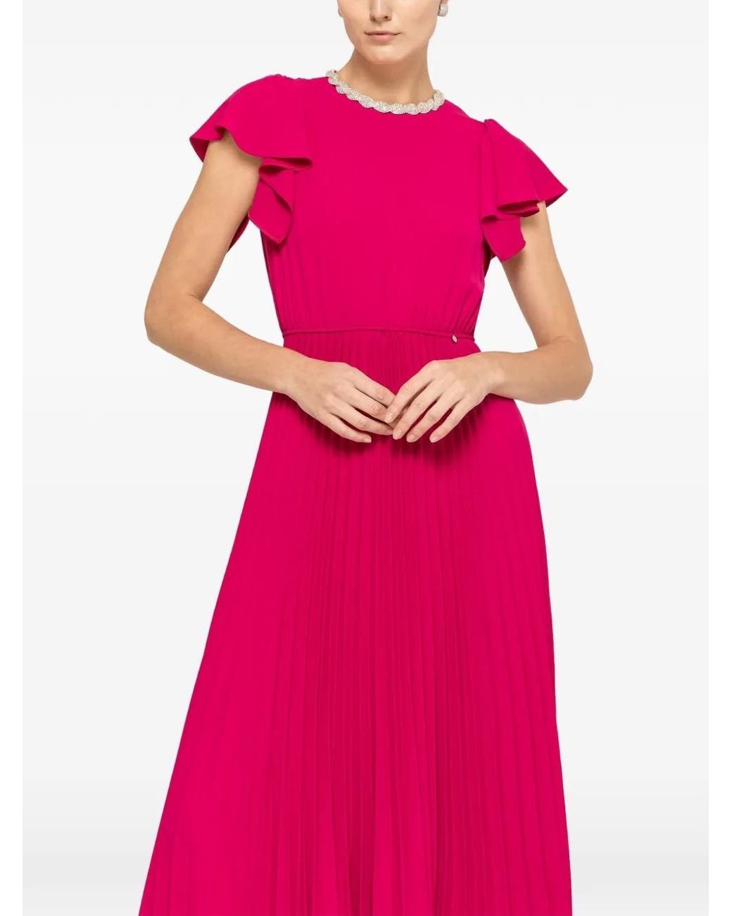 Nissa Pink Crystal-Embellished Pleated Midi Dress