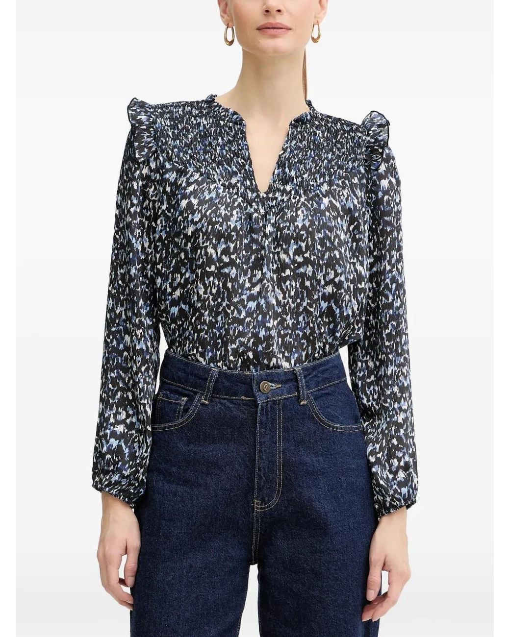 Morgan Blue Shirred Ruffled Blouse