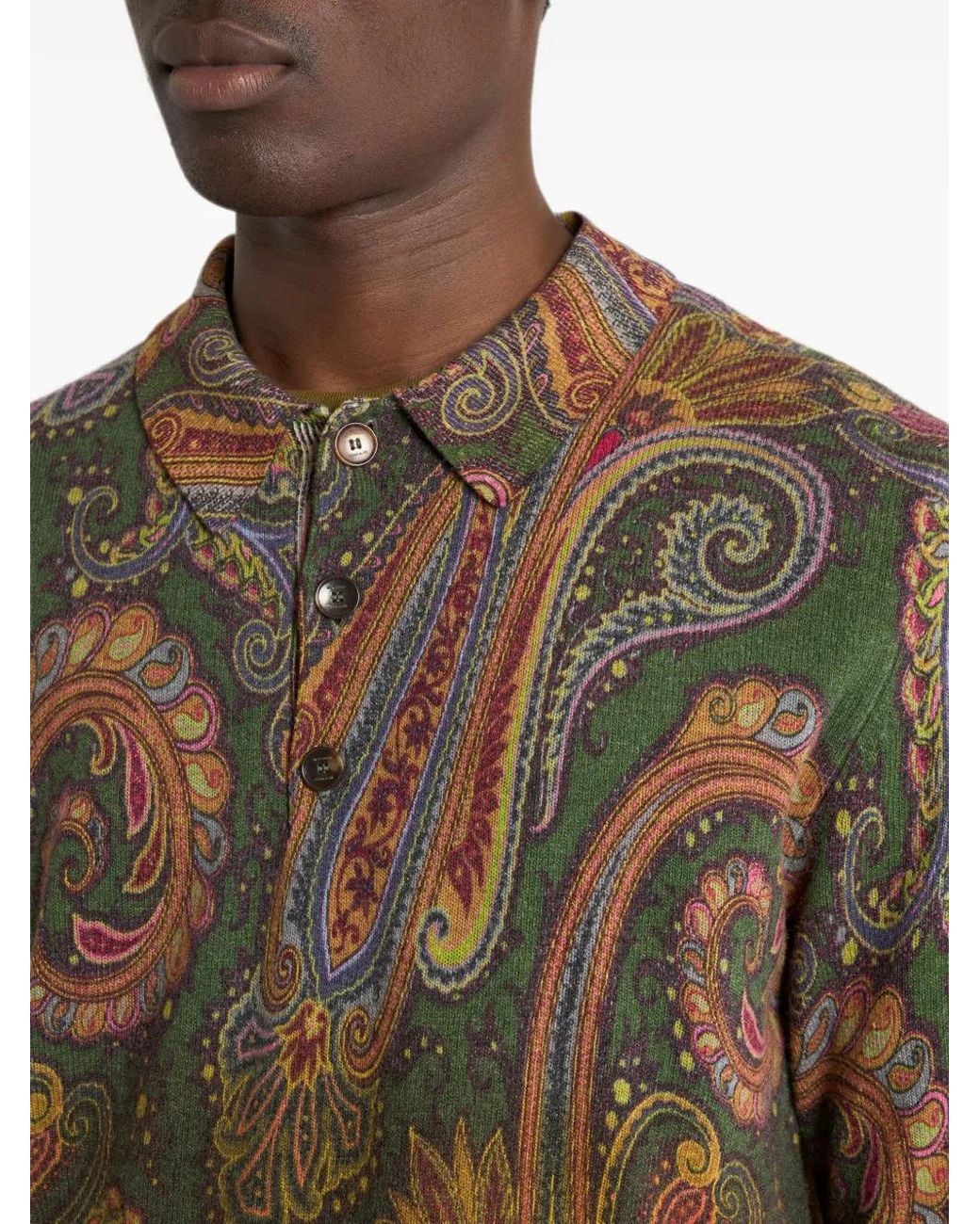 Etro Brown Long-Sleeved Wool Polo Shirt With Degradé Paisley Motif for men