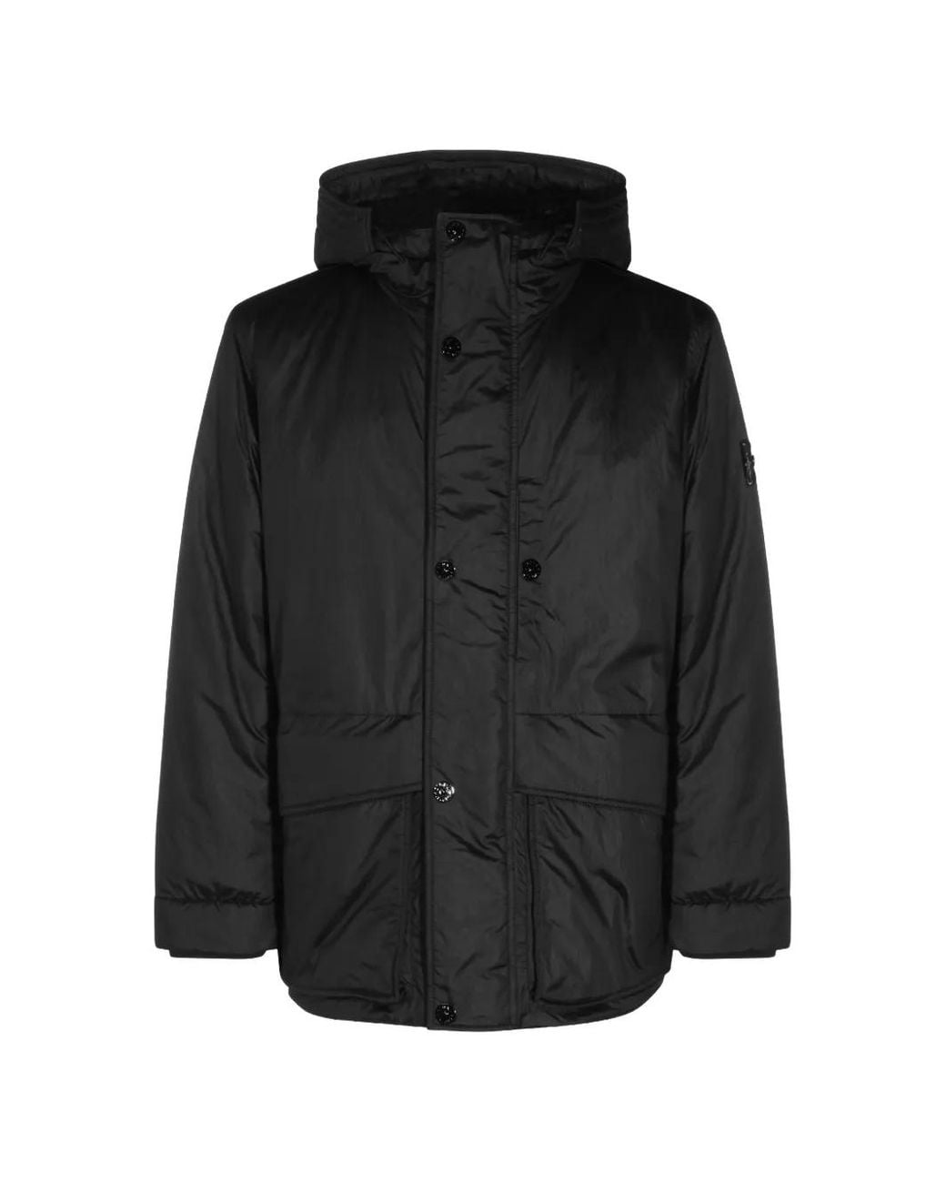 Stone Island Black Hooded Button-Up Coat for men