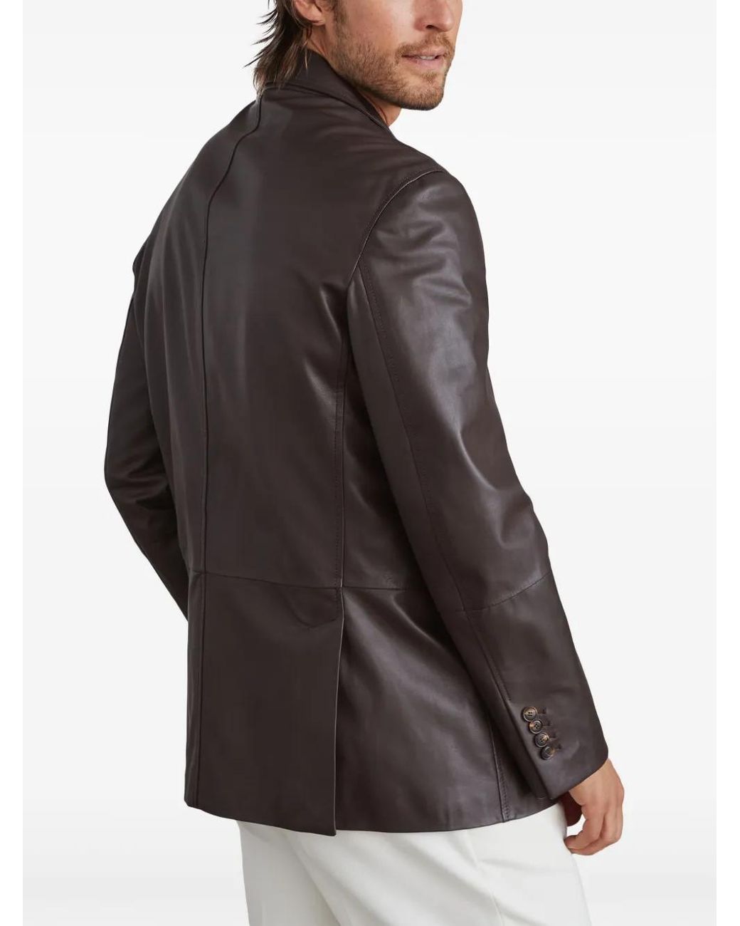 Brunello Cucinelli Brown Single-Breasted Leather Blazer for men