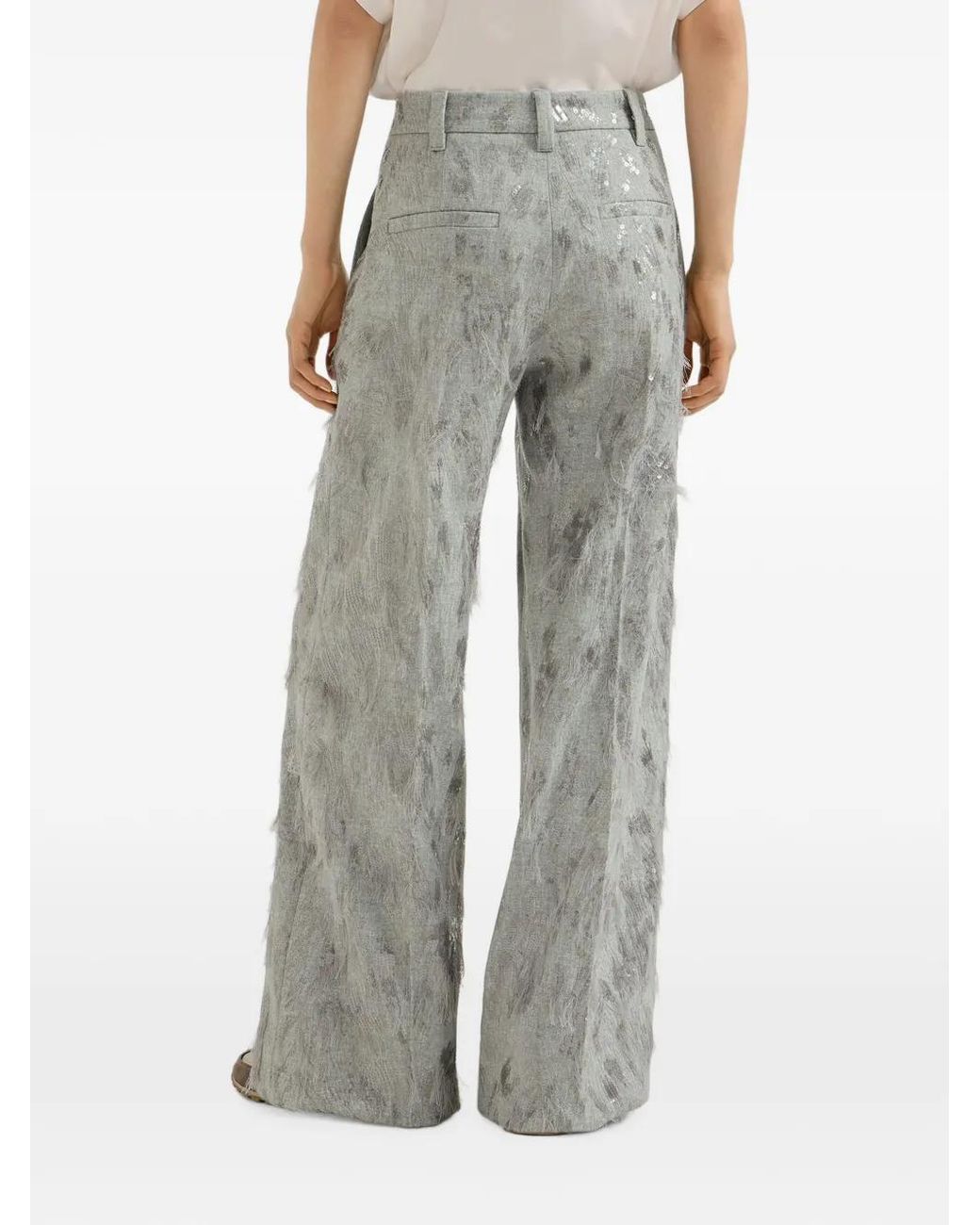 Brunello Cucinelli Gray Pantalon Évasé En Flanelle De En Laine Vierge Et Cachemire À Broderie Dazzling Lynx