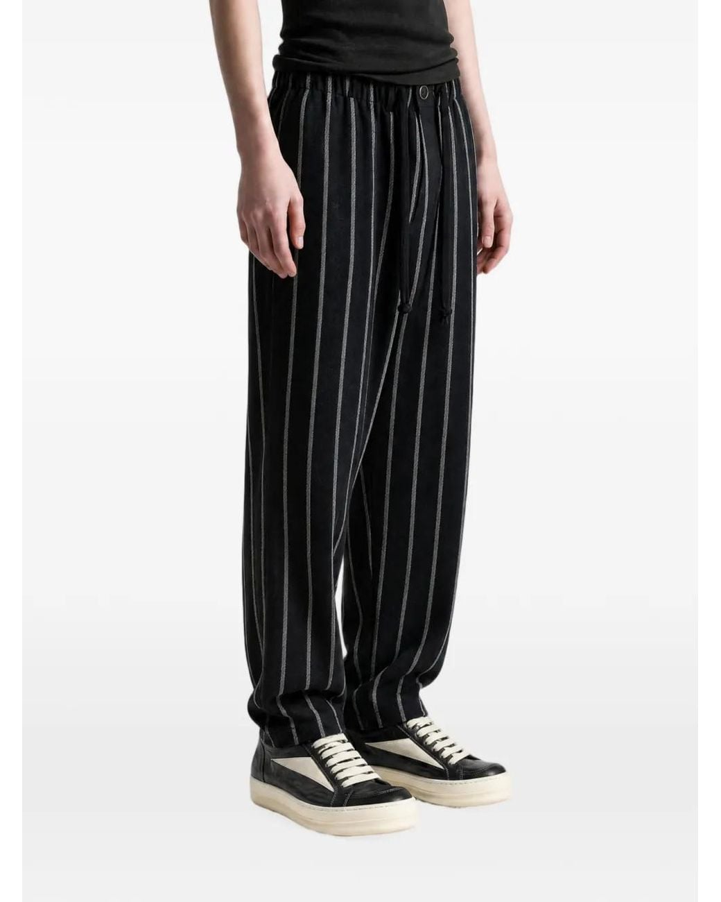Uma Wang Black Vertical-Stripe Drawstring Trousers for men