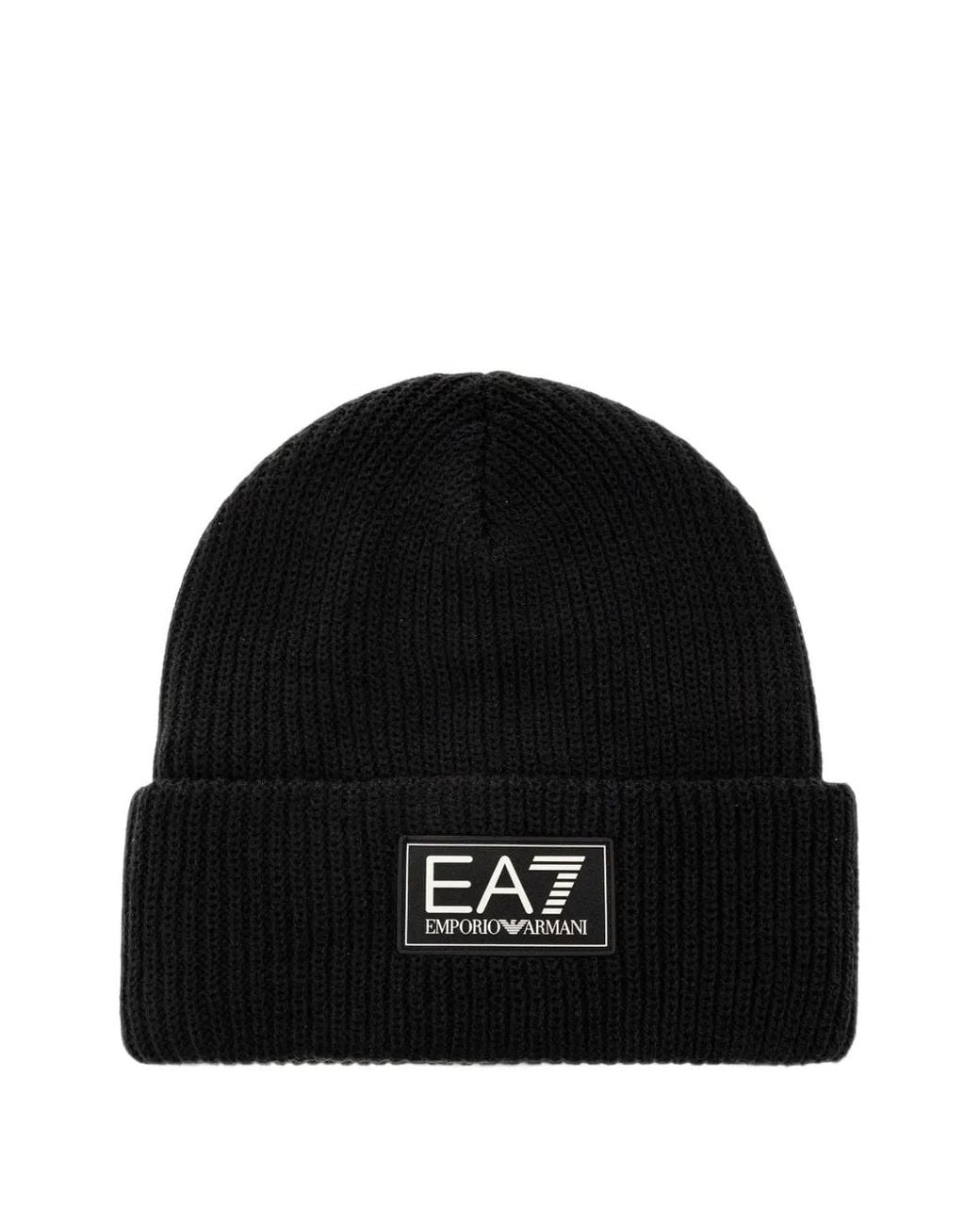 EA7 Black Logo-Patch Ribbed-Knit Beanie Hat for men