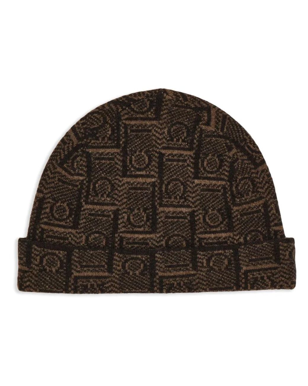Ferragamo Brown Gancini Jacquard Beanie Hat for men