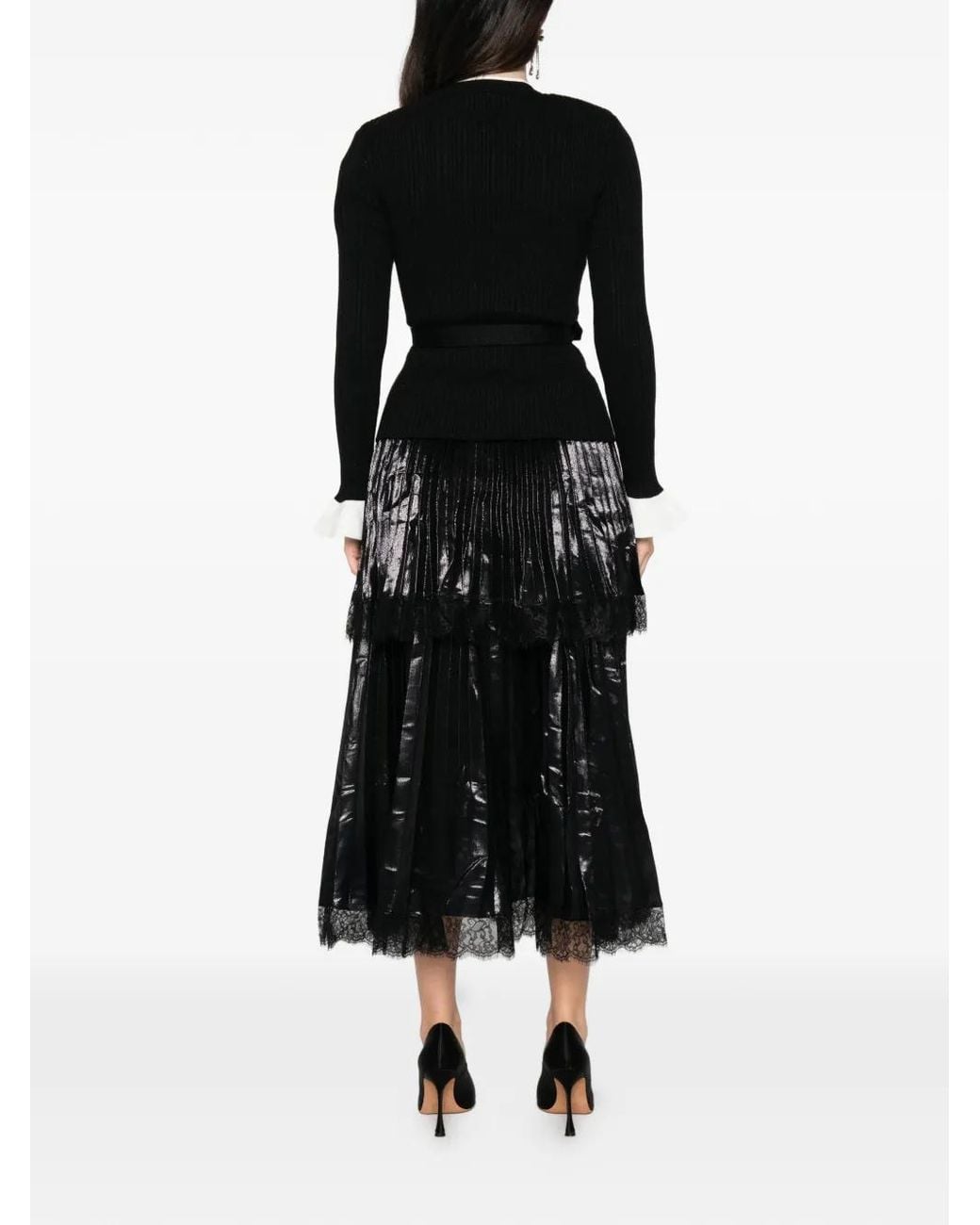 Self-Portrait Black Crystal-Embellished Pleated Midi Dress