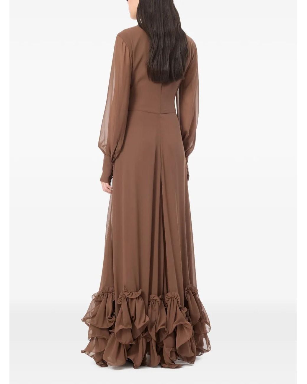 ROTATE BIRGER CHRISTENSEN Brown Ruffled-Hem Long-Sleeve Maxi Dress