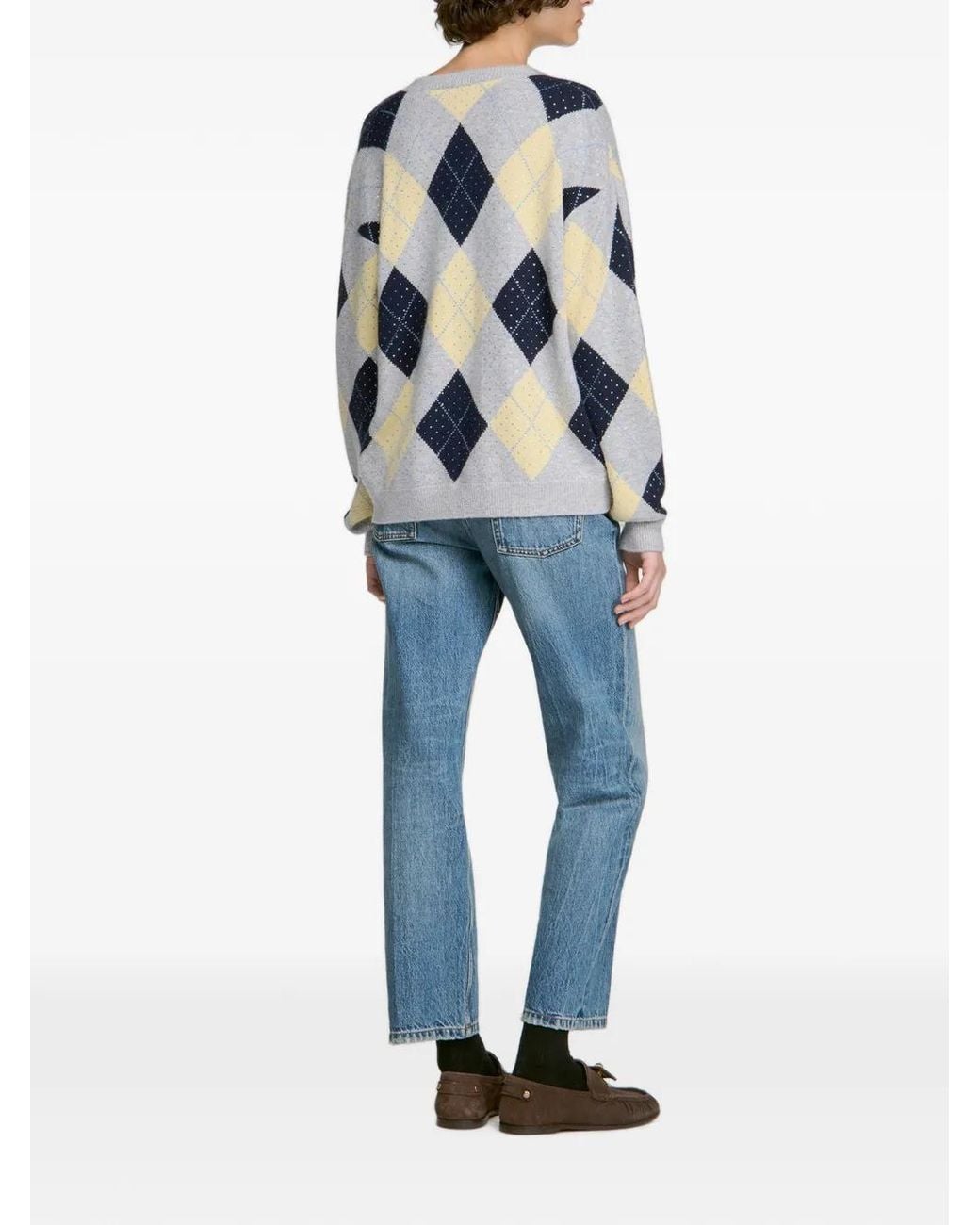 Sandro White Argyle-Pattern Wool Sweater