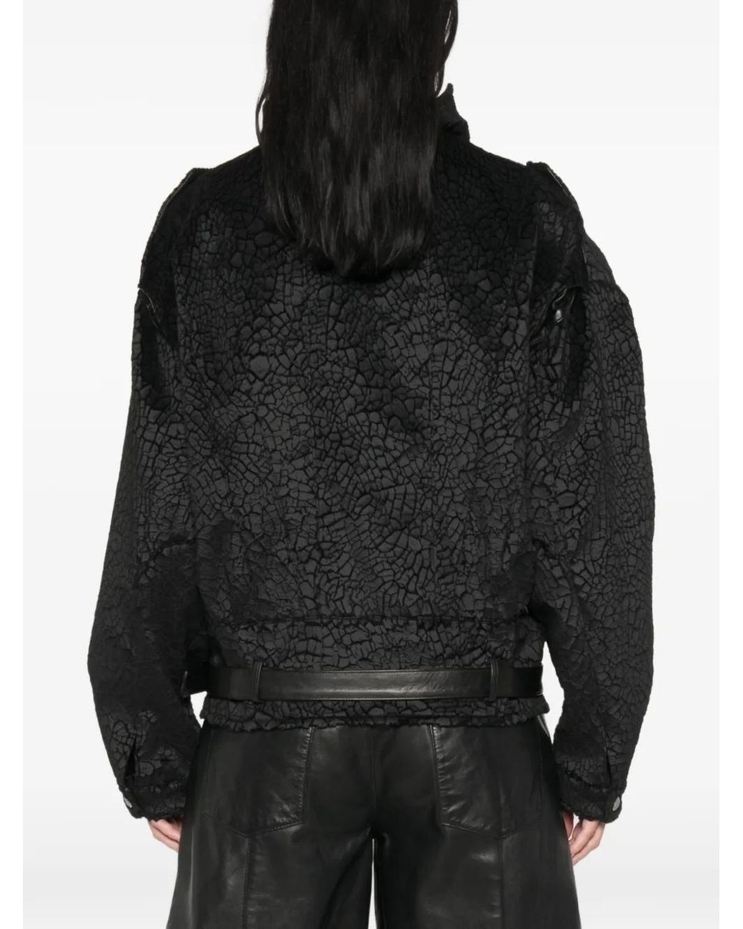 R13 Black Crackled-Effect Belted Jacket
