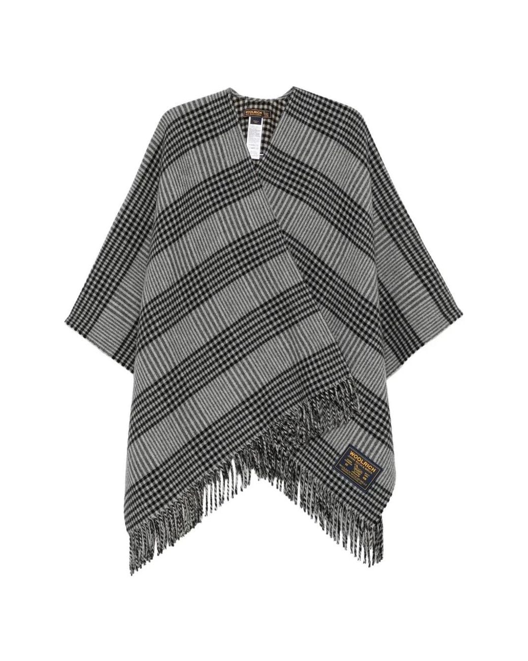 Woolrich Gray Check-Pattern Fringed Cape