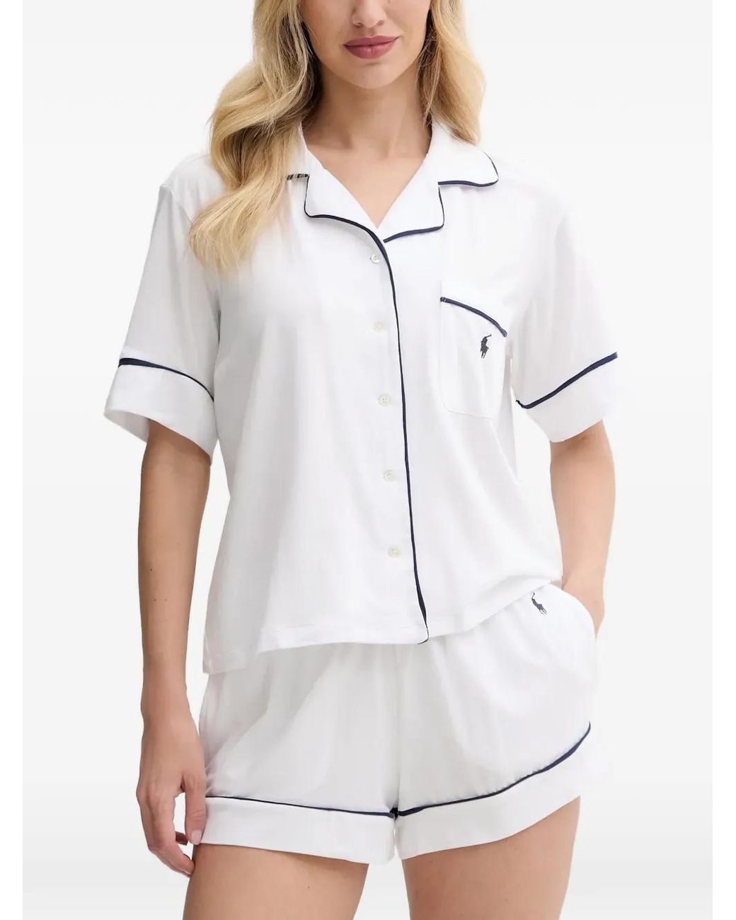 Polo Ralph Lauren White Piped-Trim Embroidered-Logo Pajamas
