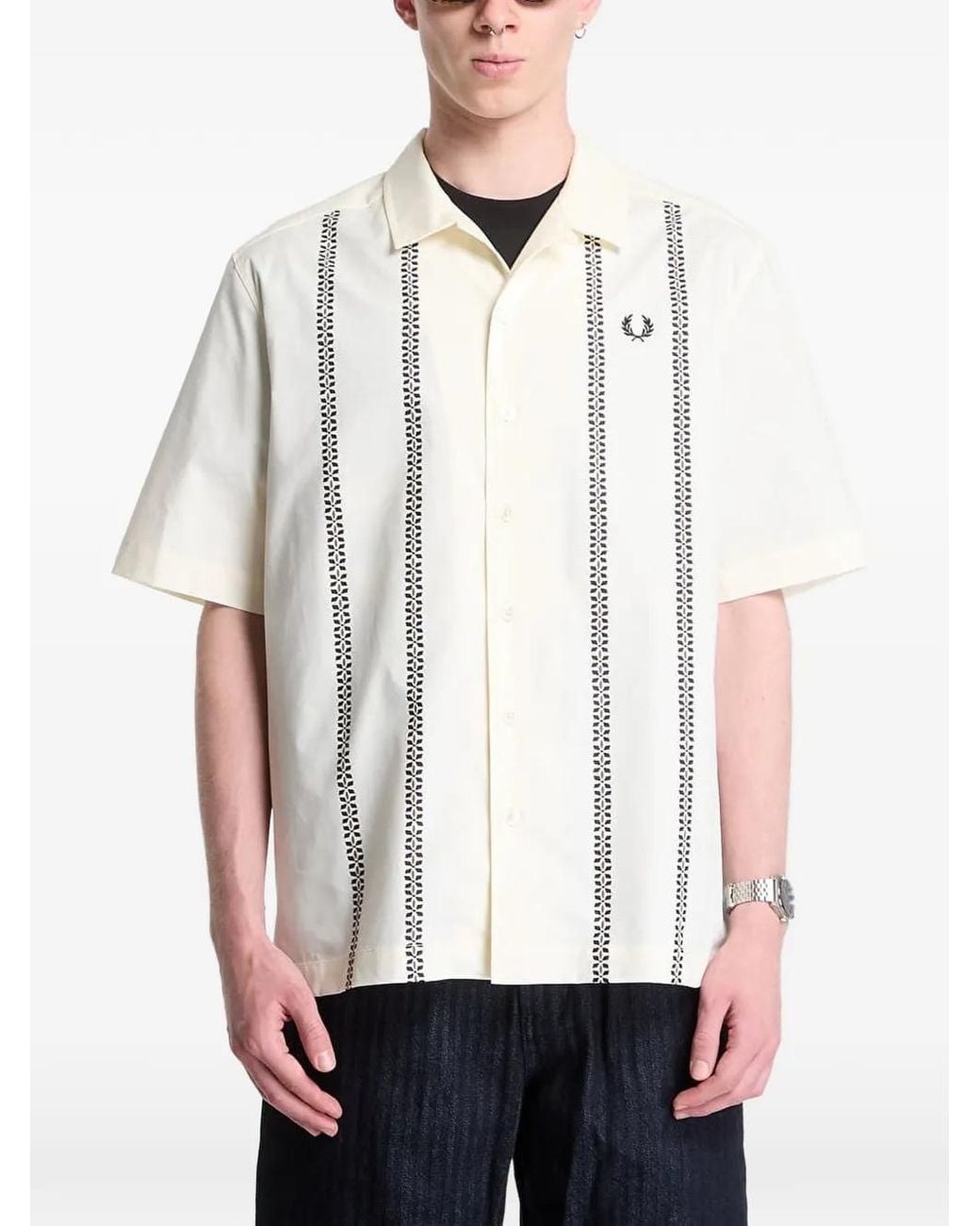 Fred Perry White Placement-Print Revere-Collar Shirt for men