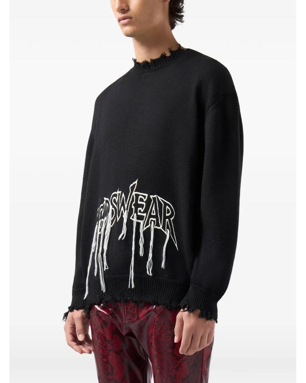 Gcds Black Embroidered Distressed Sweater for men