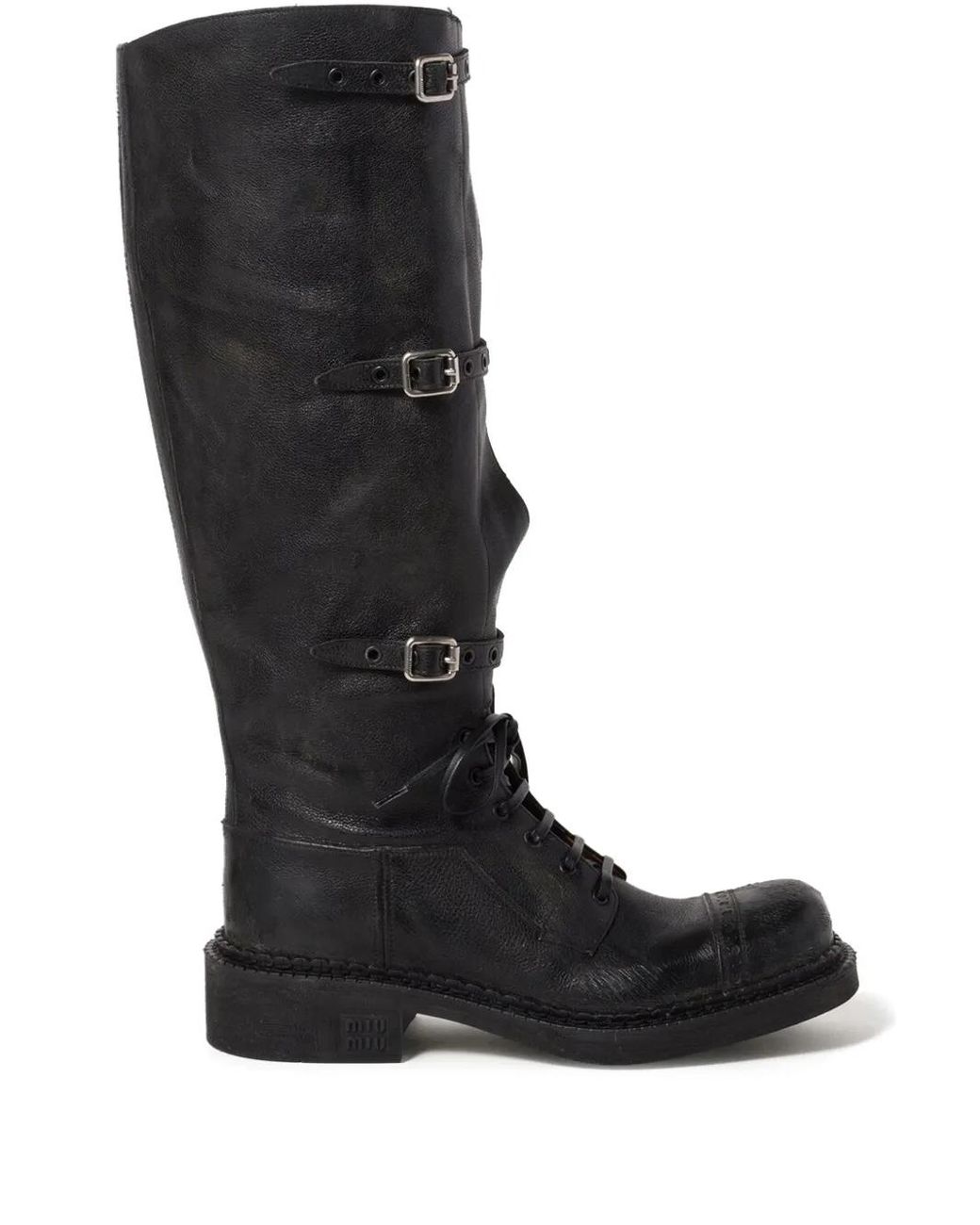 MIU MIUダークブラウン レザー バックル付きブーツ MIU MIUダーク