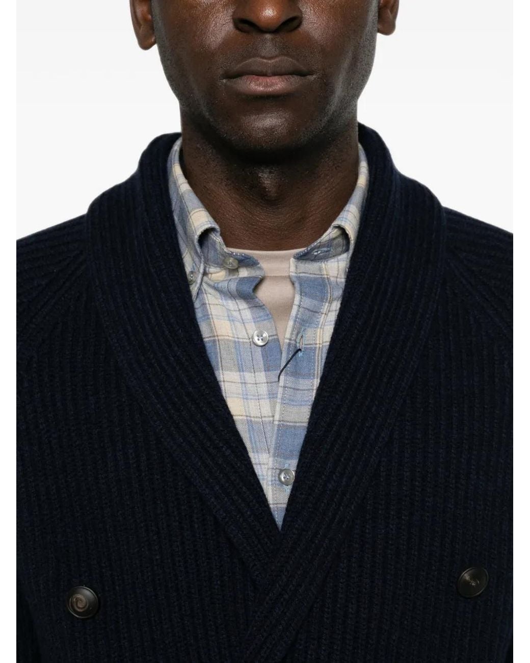 Gran Sasso Blue Double-Breasted Ribbed-Knit Cardigan for men