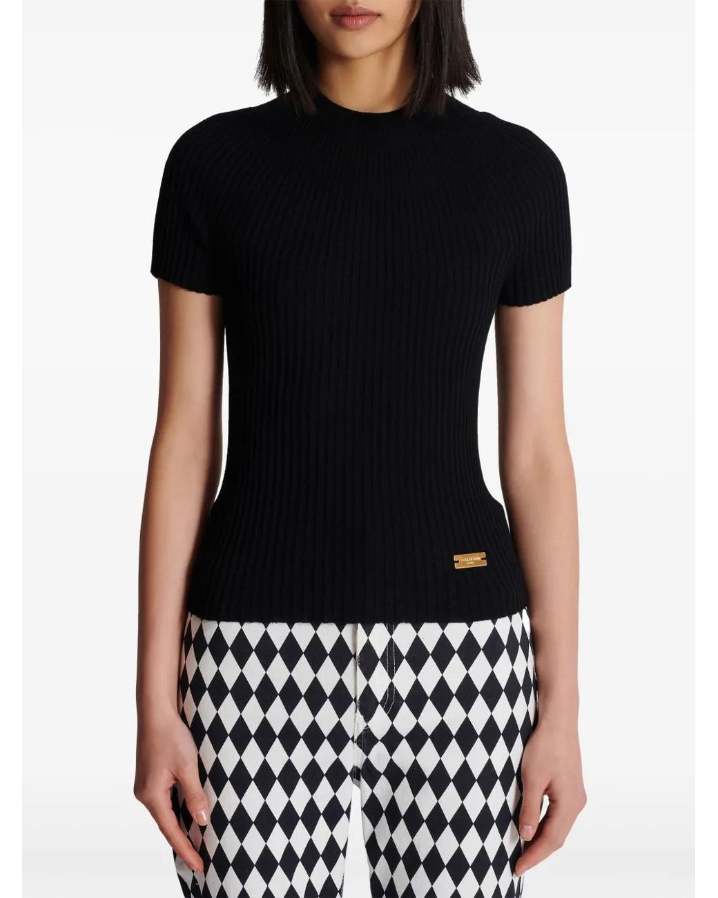 Balmain Black Logo-Plaque Ribbed Knit Top