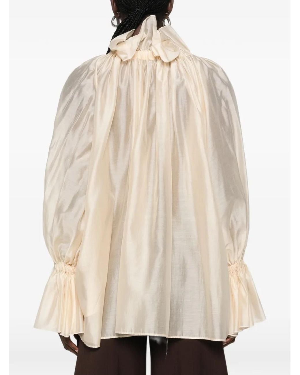Thelatest Natural Estelle Ruffled-Collar Balloon-Sleeve Top