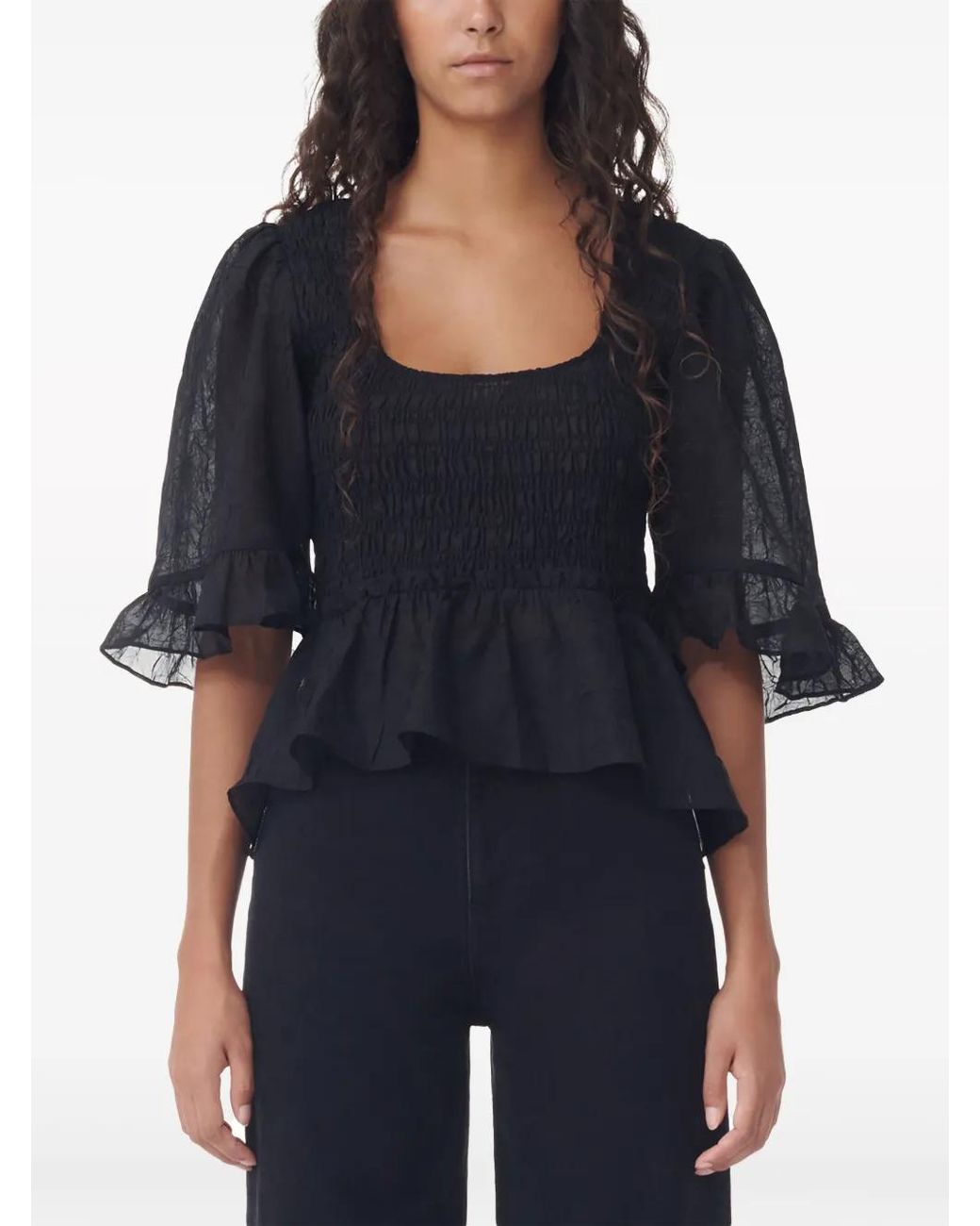 Ganni Black Crinkled Georgette Smock Blouse
