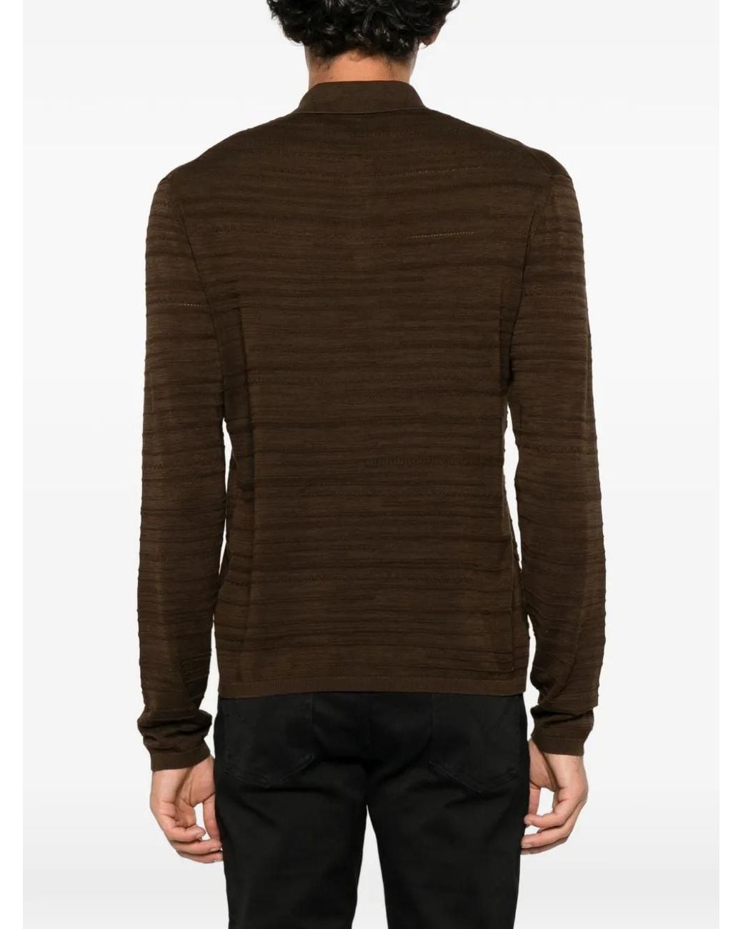 John Varvatos Brown Textured Long-Sleeve Polo Shirt for men