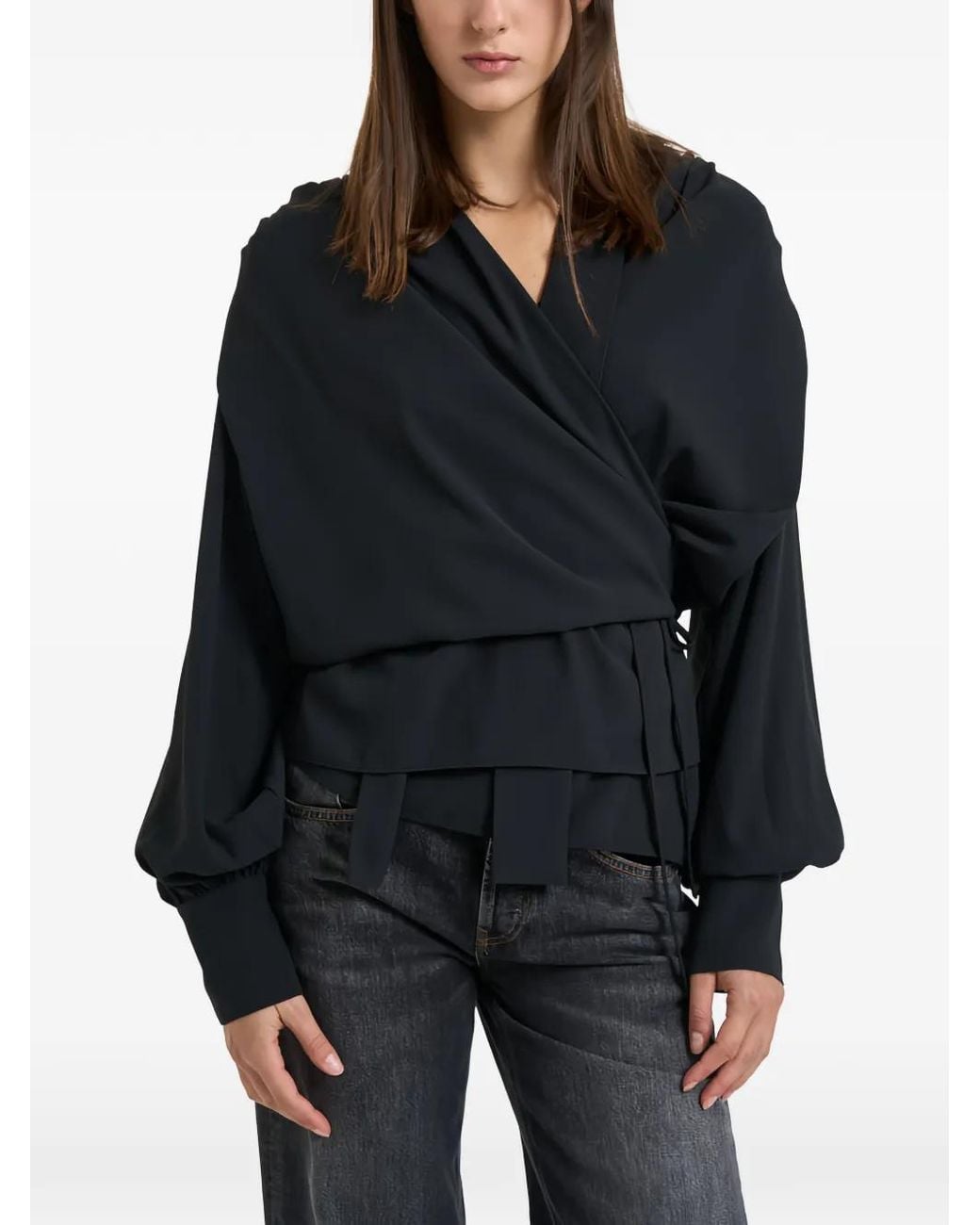 IRO Black Wrap-Style Gathered-Shoulder Shirt