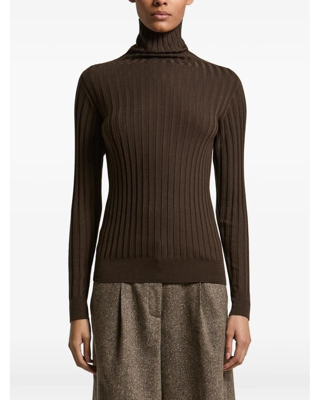 Peserico Brown Ribbed-Knit Roll-Neck Sweater