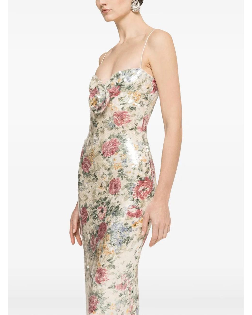 Nissa White Floral Appliqué Sequin Maxi Dress