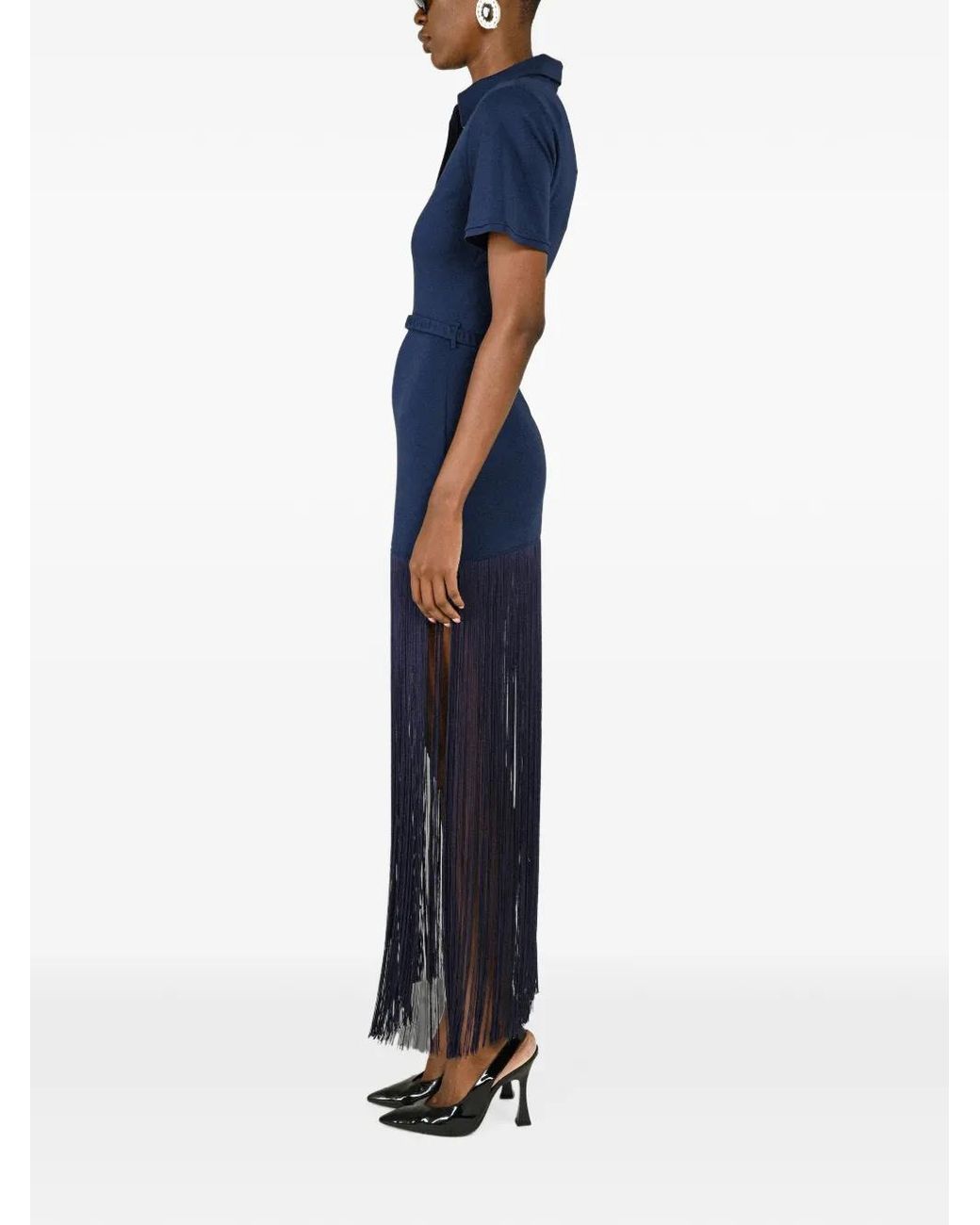 ROWEN ROSE Blue Fringe-Trim Polo Maxi Dress
