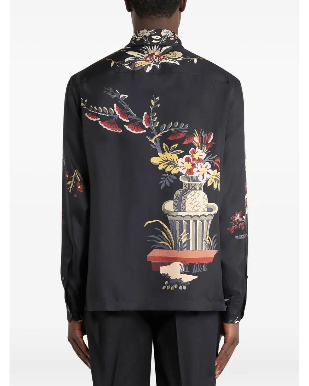 Etro Black Silk Twill Shirt With Placed Flower And Animal Print for men