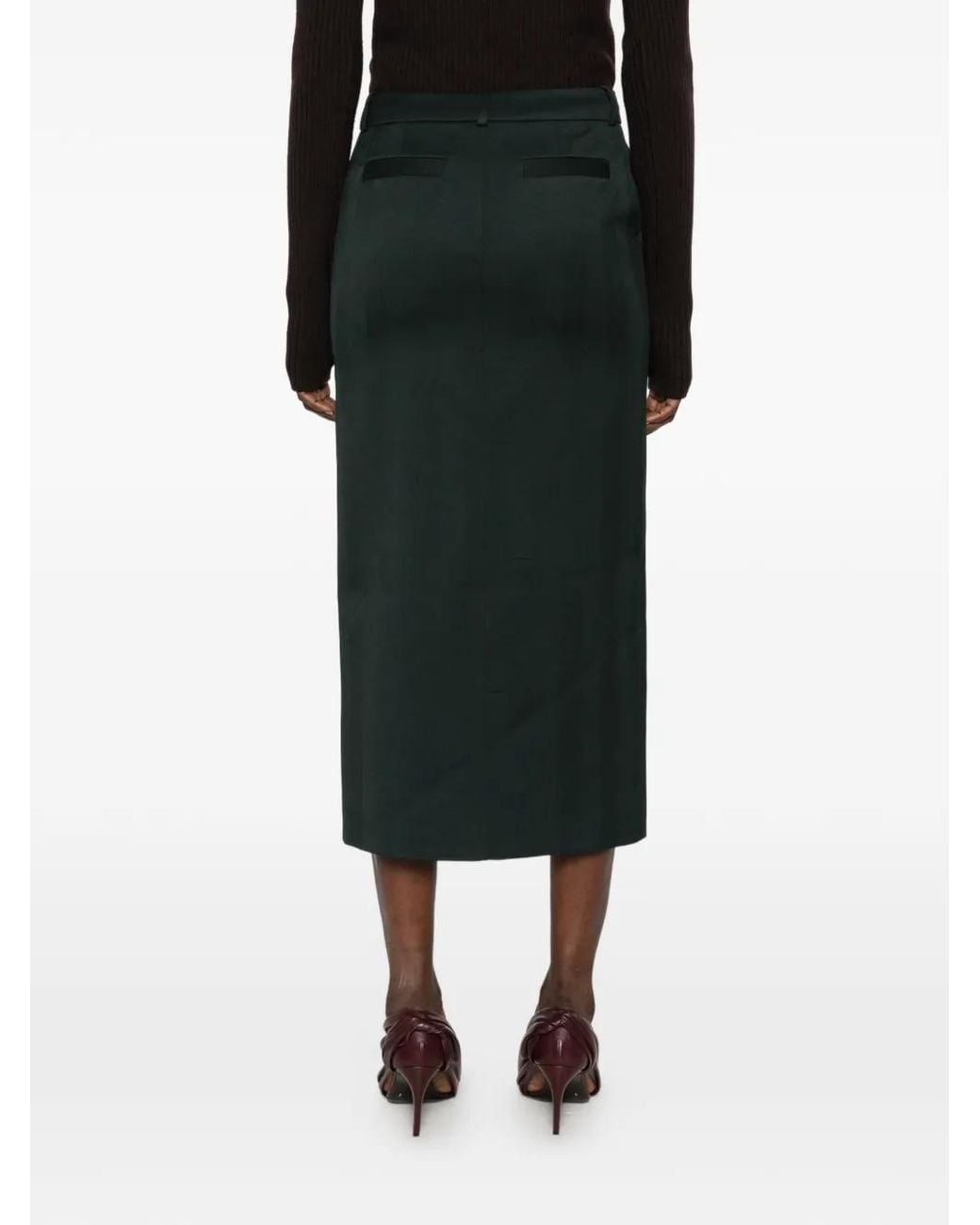 Frankie Shop Green Herringbone Front-Slit Midi Skirt