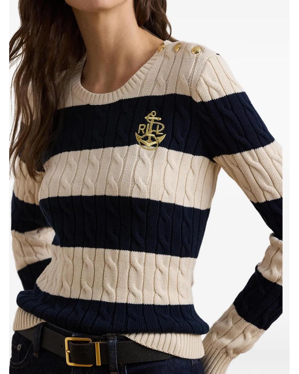 Ralph Lauren Blue Pull En Maille Torsadée À Rayures