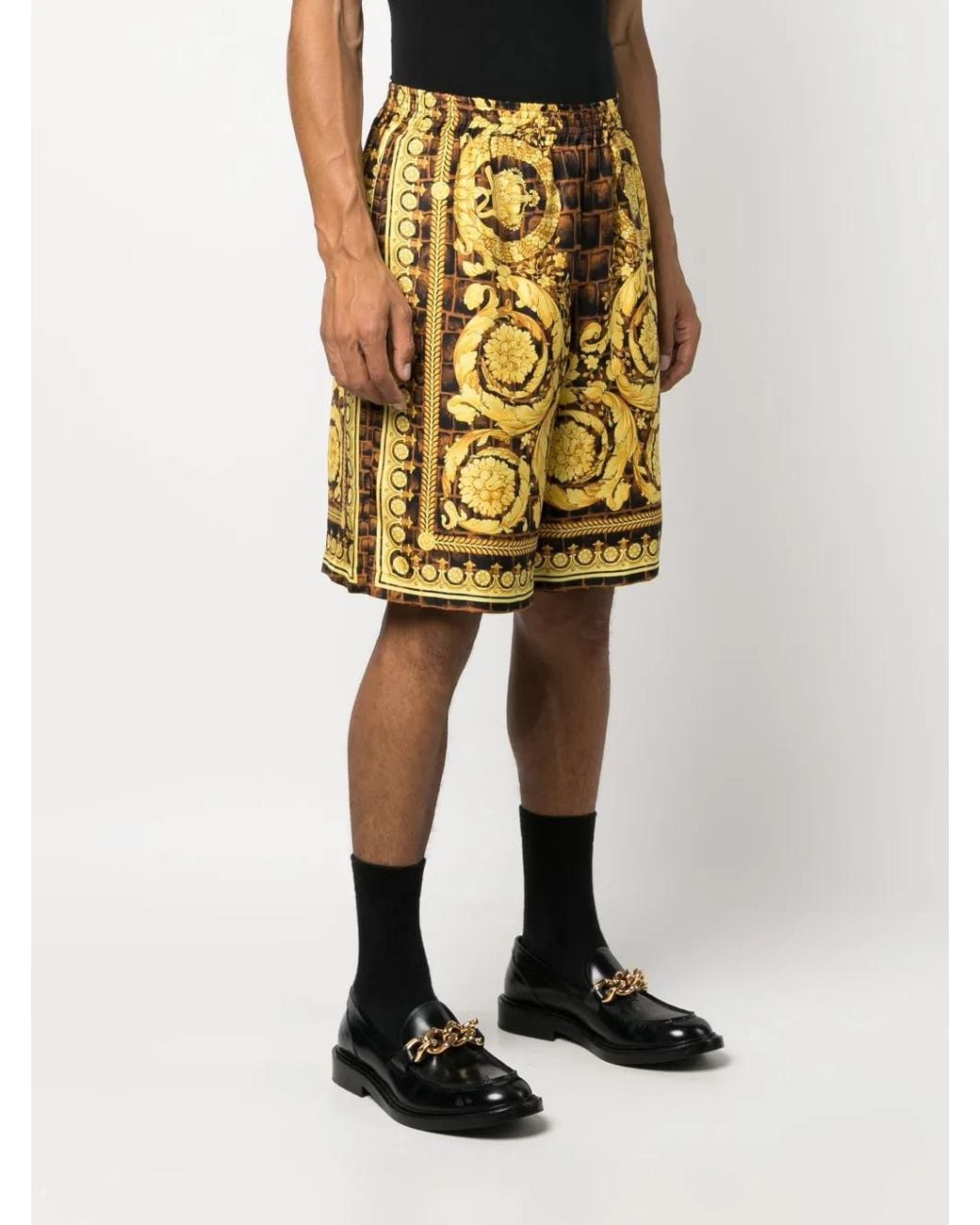 Versace Yellow Barocco-Print Silk Shorts With-Tone Accents for men