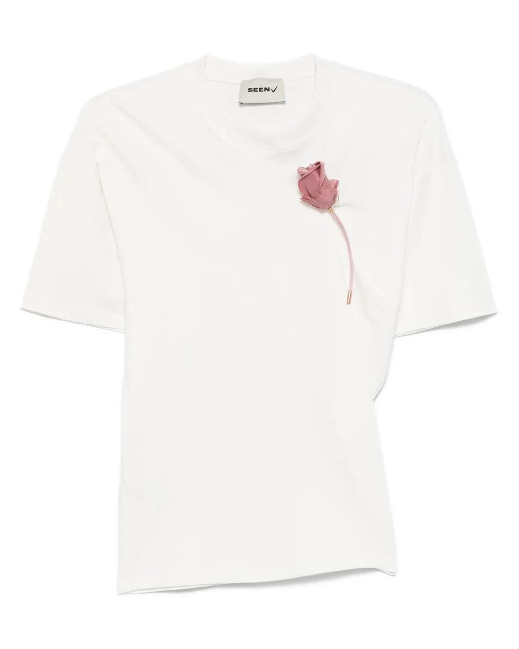 SEEN USERS White Suspended-Rose Asymmetrical T-Shirt