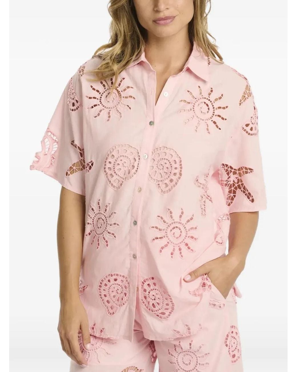 Miss June Pink Openwork Short-Sleeve Shirt