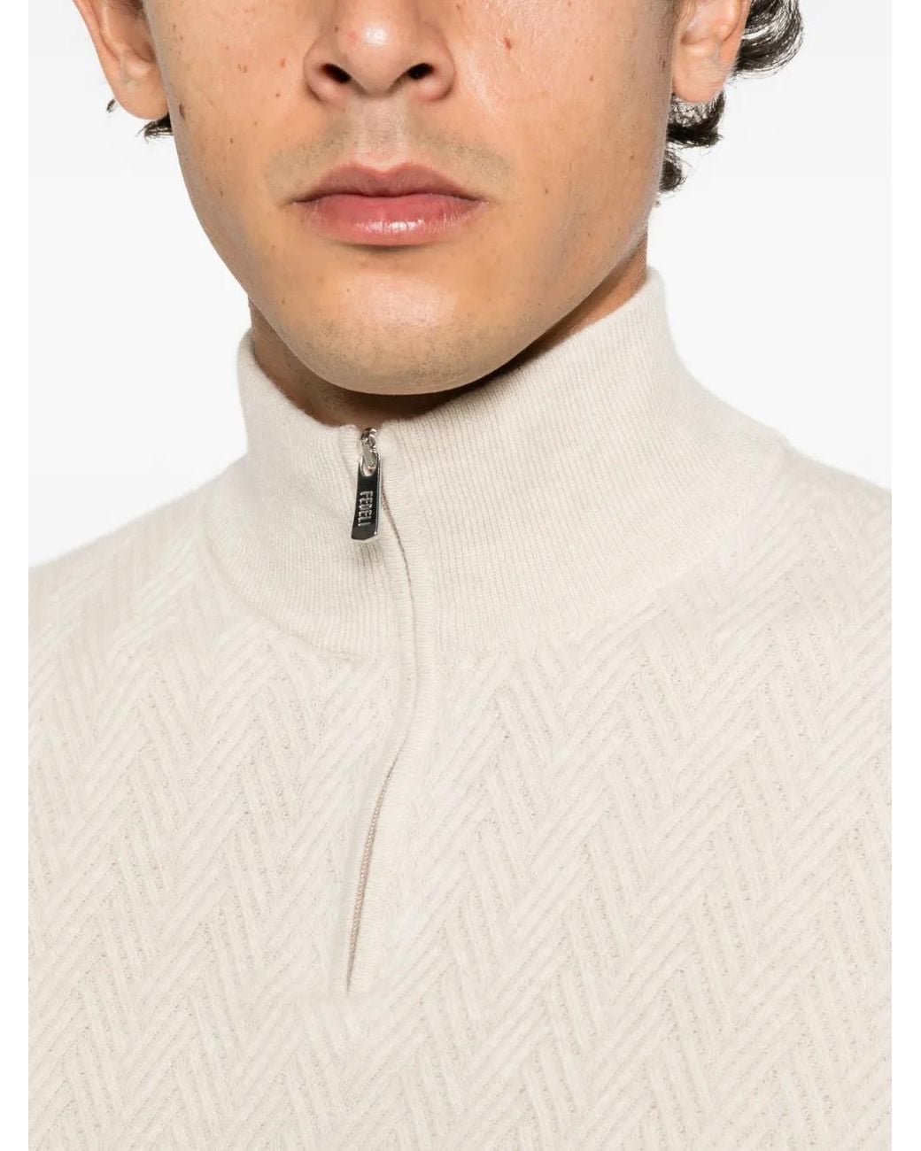 Fedeli White Chevron-Knit Quarter-Zip Sweater for men