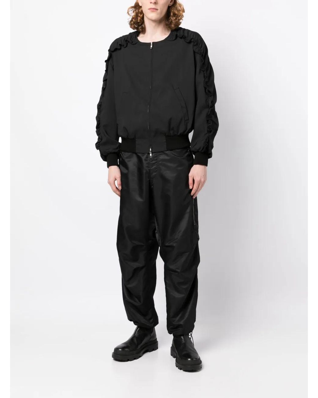 Random Identities Black Ruched Zip-Up Bomber Jacket for men