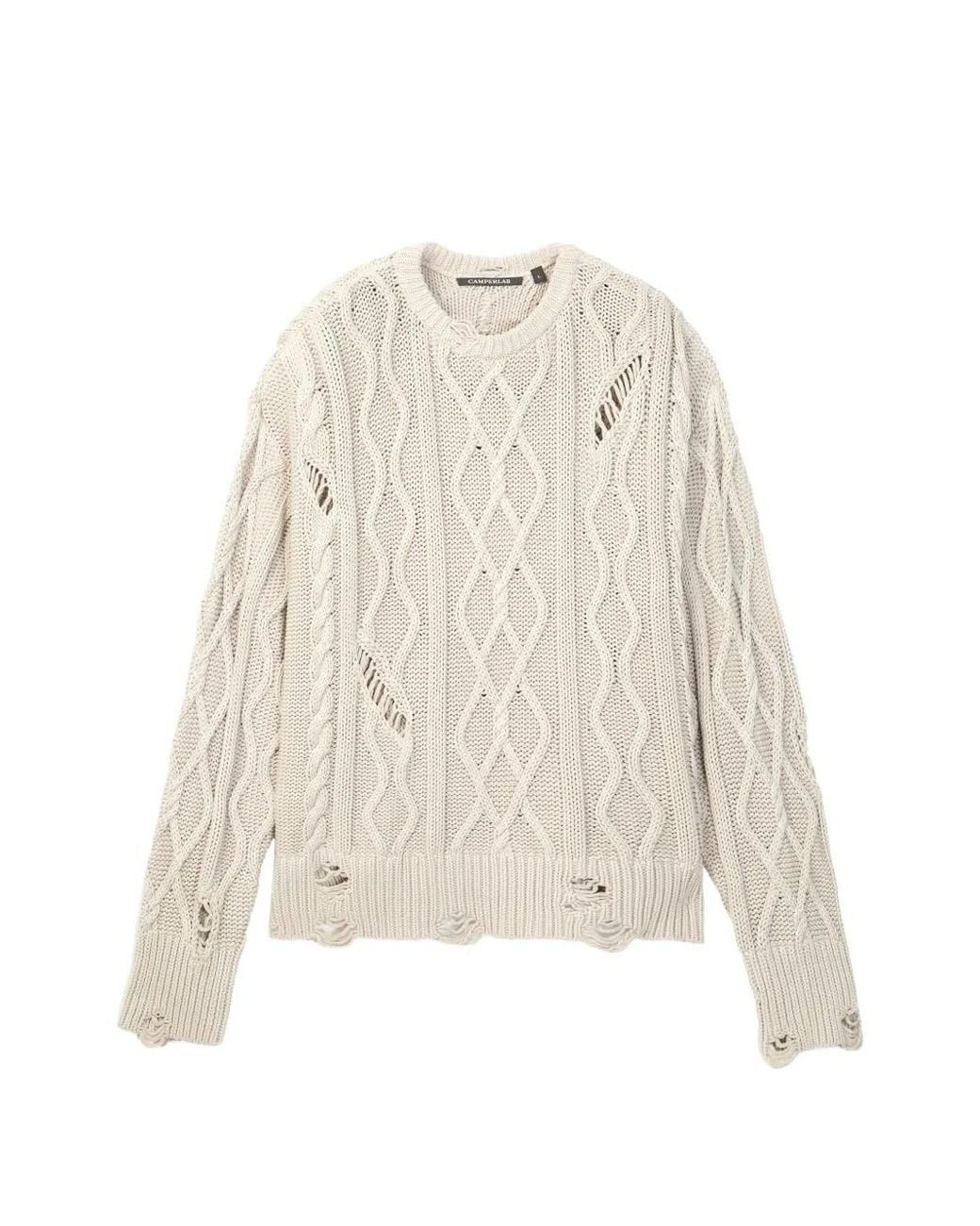CAMPERLAB White Cable-Knit Distressed Sweater