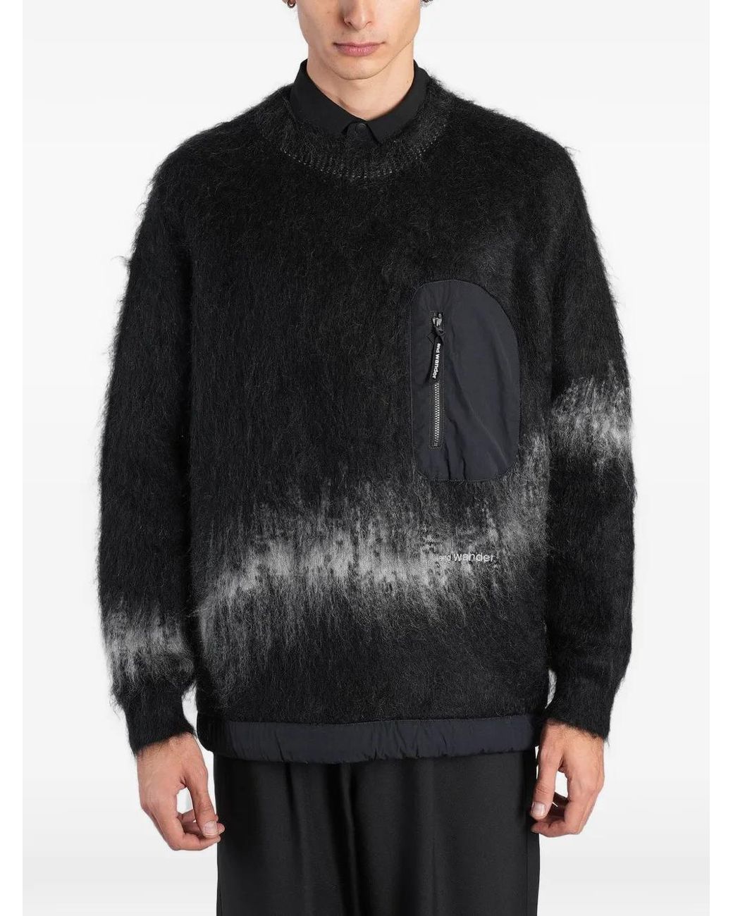 And Wander Black Zip-Pocket Brushed-Knit Sweater for men