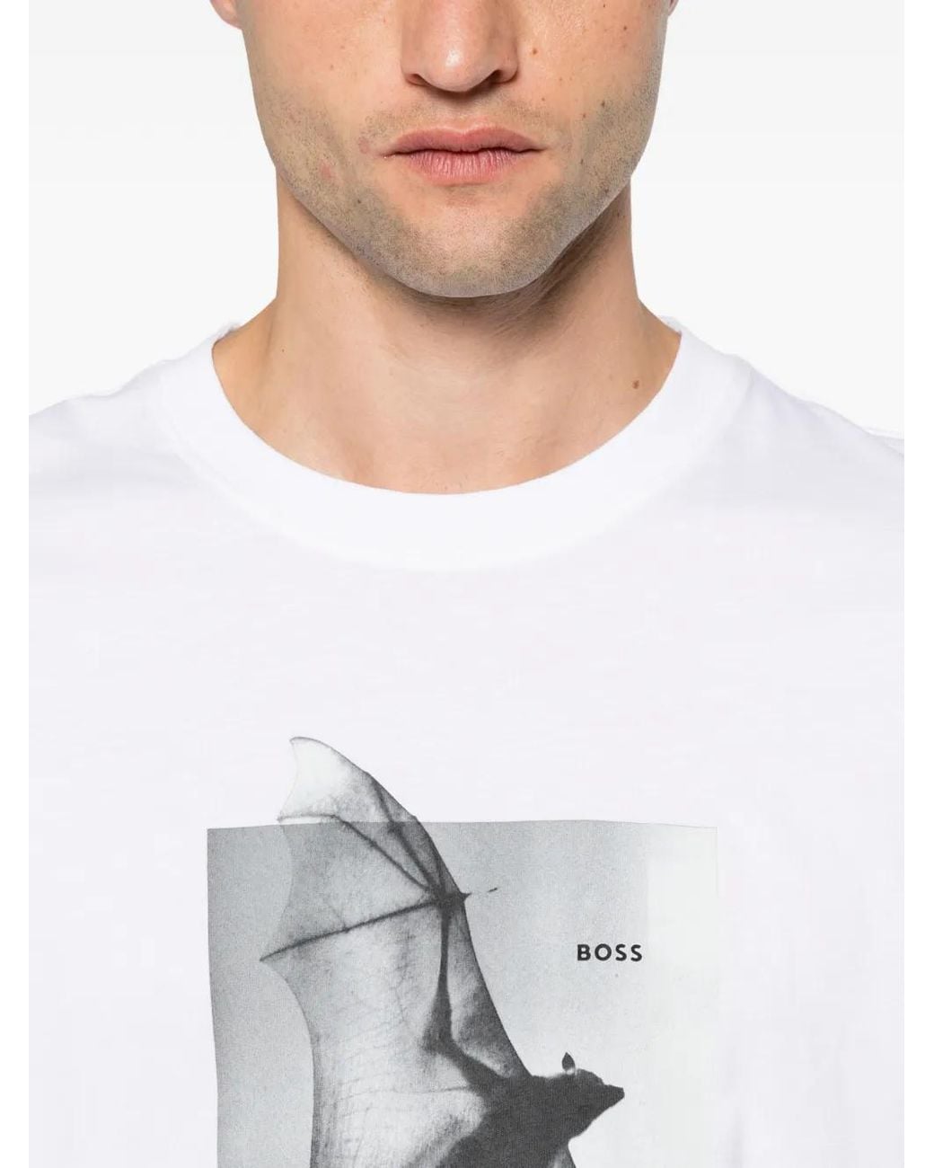 Boss White Bat-Print T-Shirt for men