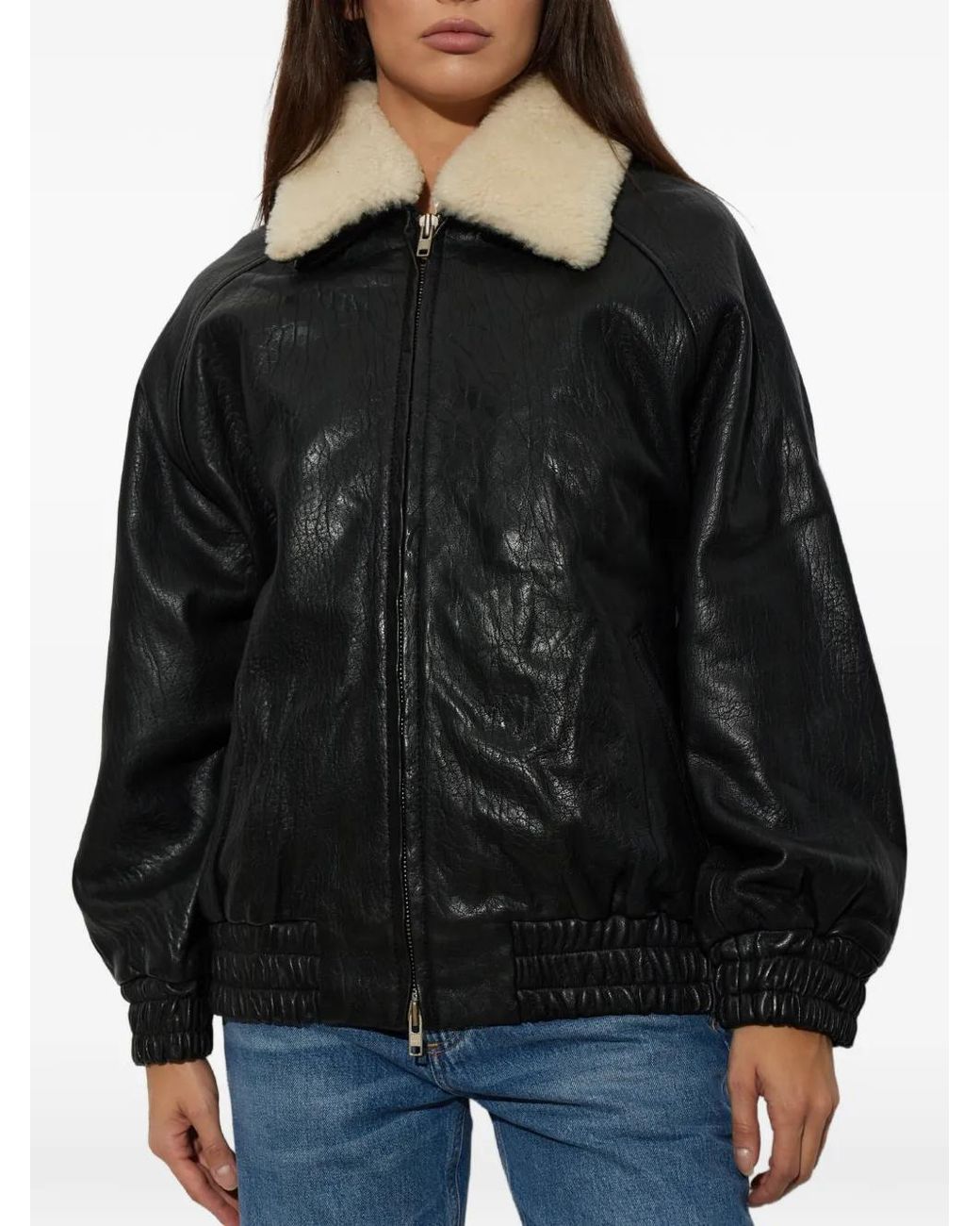 Stand Studio Black Tobie Shearling-Collar Leather Jacket