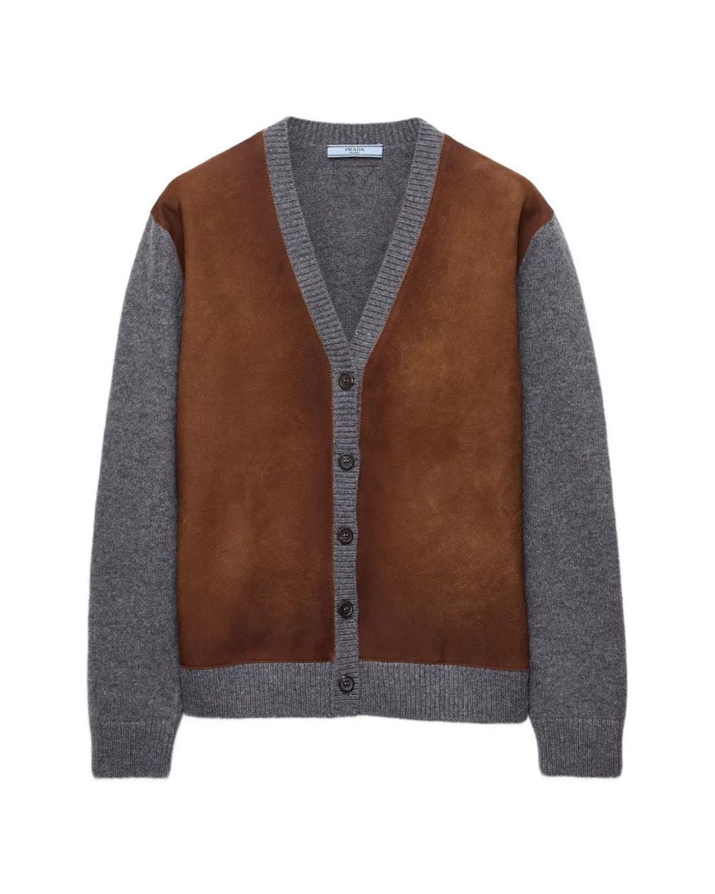 Prada Brown Suede-Panel Wool Cardigan
