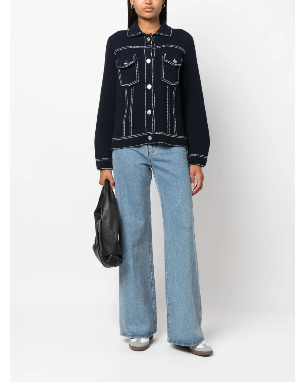 Barrie Black Contrast-Stitching Denim-Effect Jacket