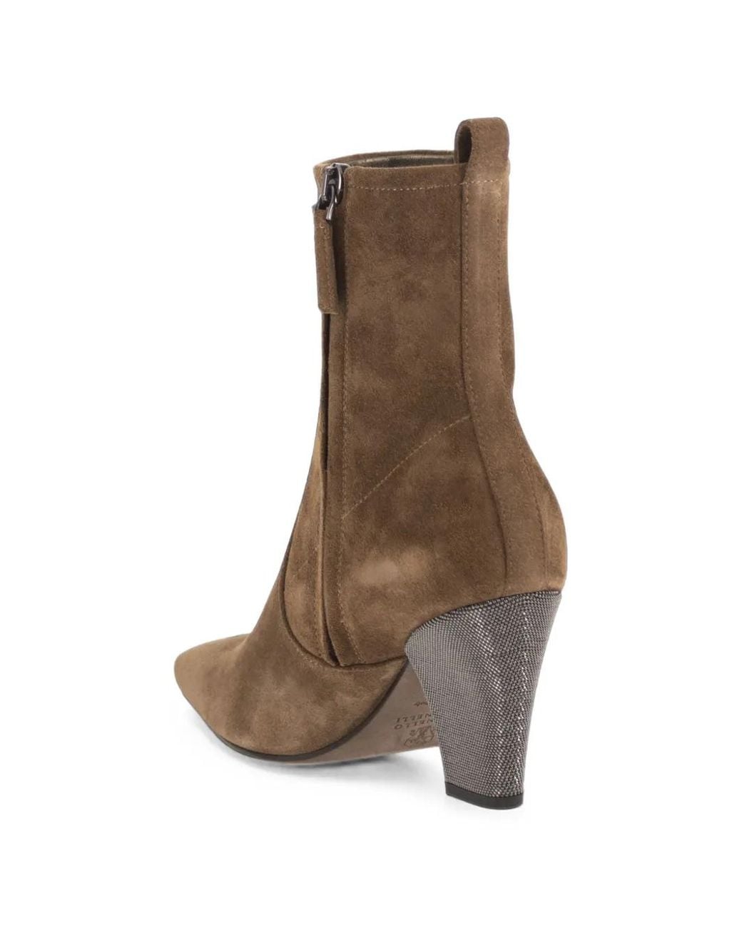 Brunello Cucinelli Brown Jewelled-Heel Suede Ankle Boots