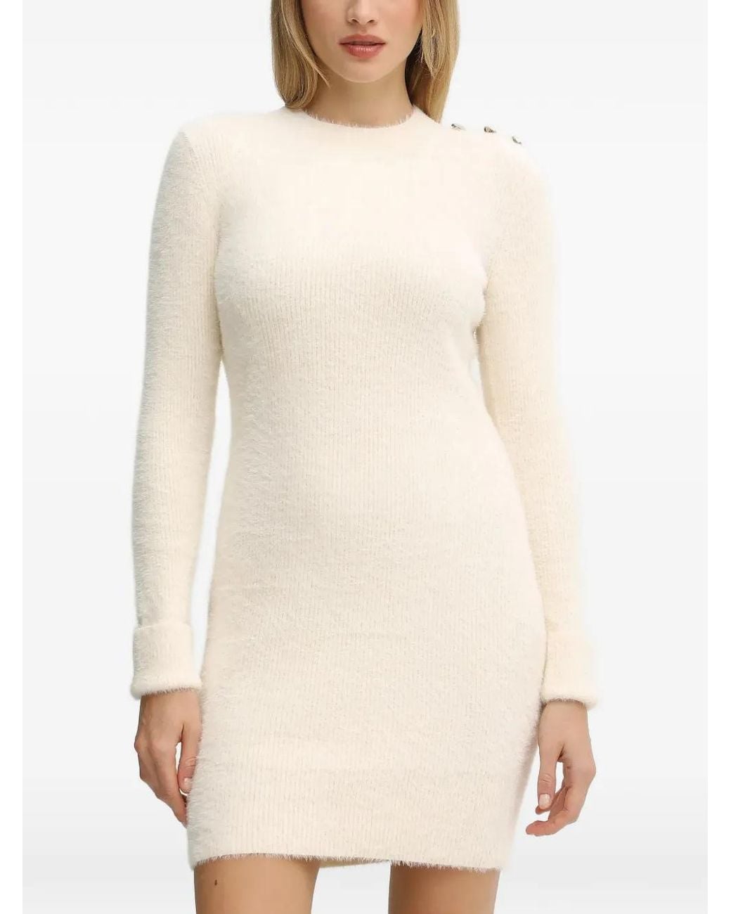 Morgan White Button-Embellished Knit Mini Dress