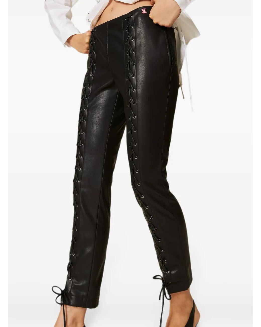 Twinset Black Pantalon En Cuir Artificiel À Liens À Nouer