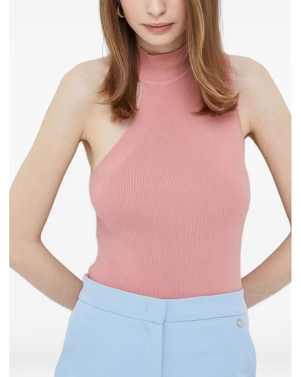 DKNY Blue Ribbed One-Shoulder Top